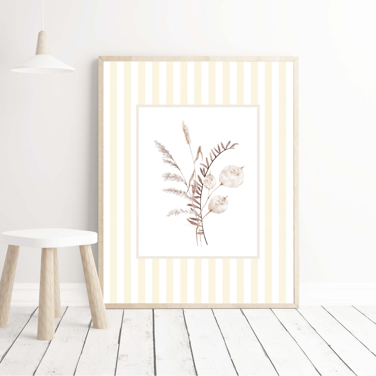 Set of dried flower botanical illustrations with minimalist yellow stripe background for modern boho homes

