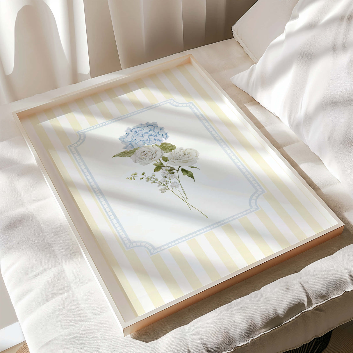 Pastel blue and yellow floral print set for baby room decor

