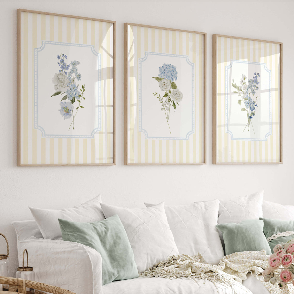 Yellow striped nursery wall art with blue wildflowers and hydrangeas

