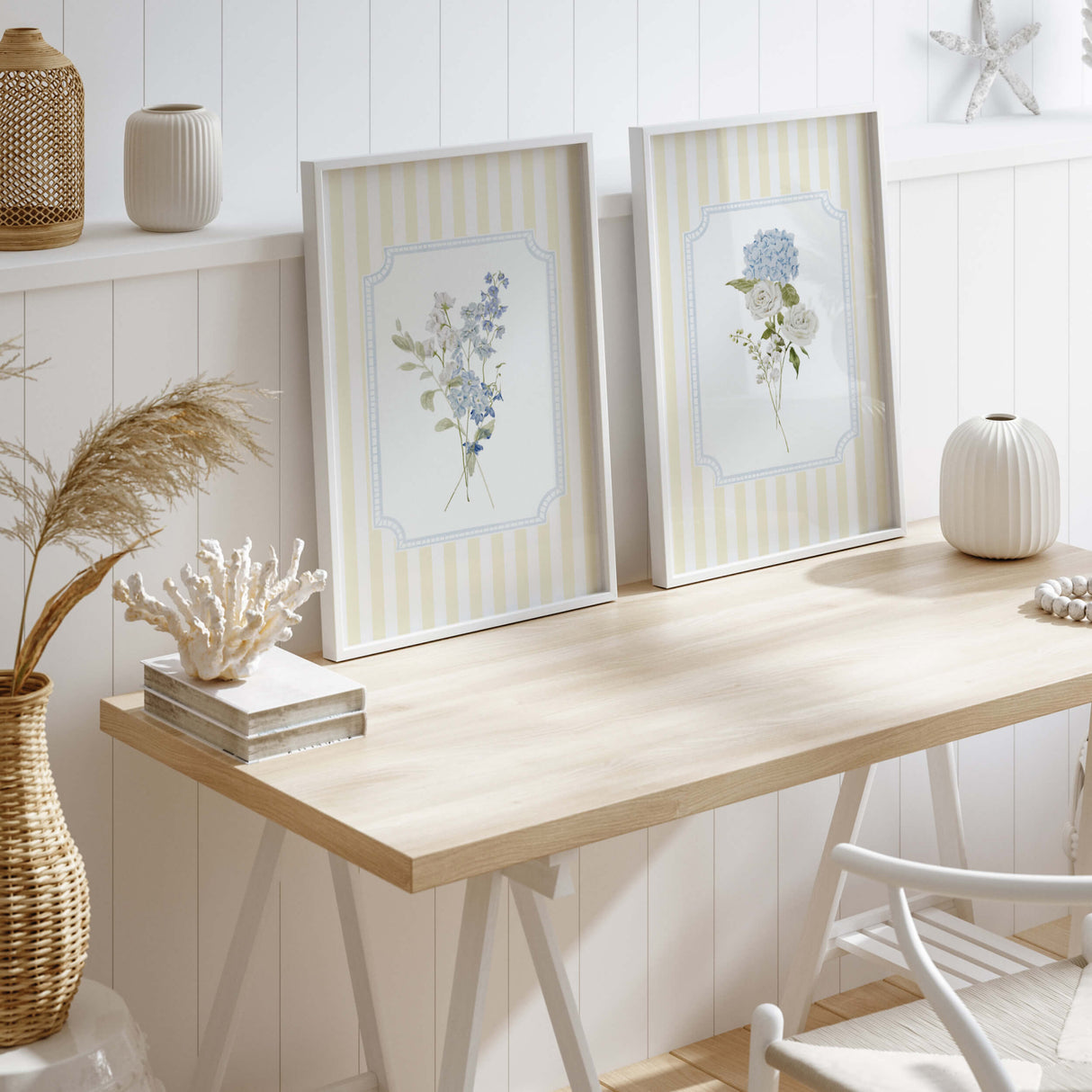 Watercolor botanical yellow wall art for spring nursery theme

