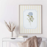 Modern floral baby room decor in soft yellow and pastel blue tones

