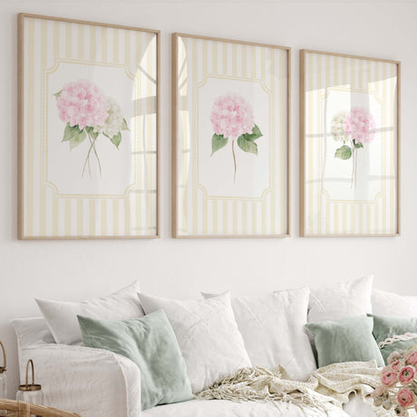 Yellow striped hydrangea wall art printable set of 6 floral prints for home decor