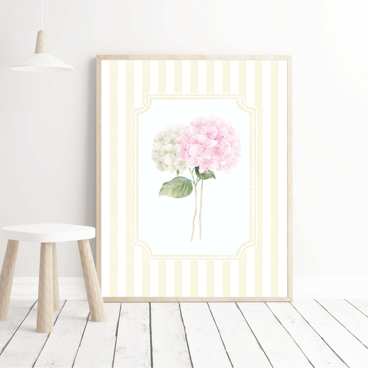 Yellow striped floral print set digital download hydrangea watercolor posters